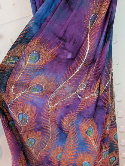 Indian Peacock Print Embellished Rayon Maxi Skirt Free Size