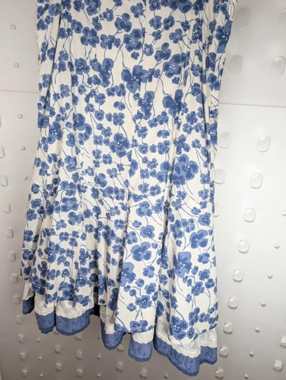 Per Una Floral Cotton Midi Skirt White Blue UK12