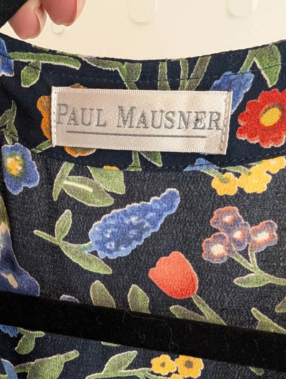 Vintage 90s Paul Mausner Navy Floral Button Through Dress UK12