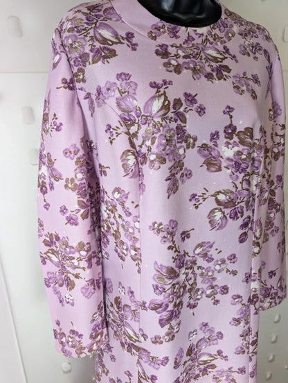 Vintage 1960s Purple Blossom Shift Dress – Metal Zip – UK 16/18