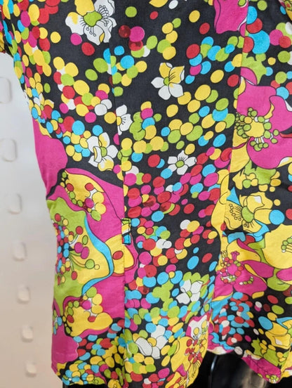 Axara Paris Silk Blouse XS Colourful Print Statement Collar Fitted 70s Inspired