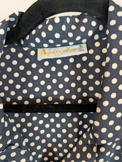 Vintage 1970s Aquascutum Navy Polka Dot Blouse & Skirt Set Made in France