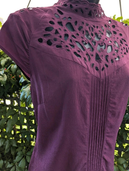Warehouse Pure Silk Lace Trim Blouse Burgundy UK14