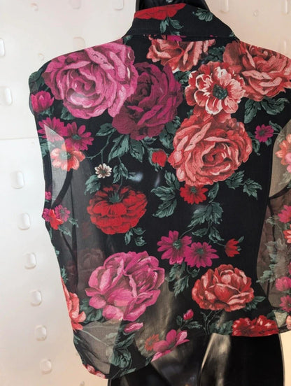 Sheer Black Floral Cropped Blouse – Boxy Fit Button Front – UK 10/12