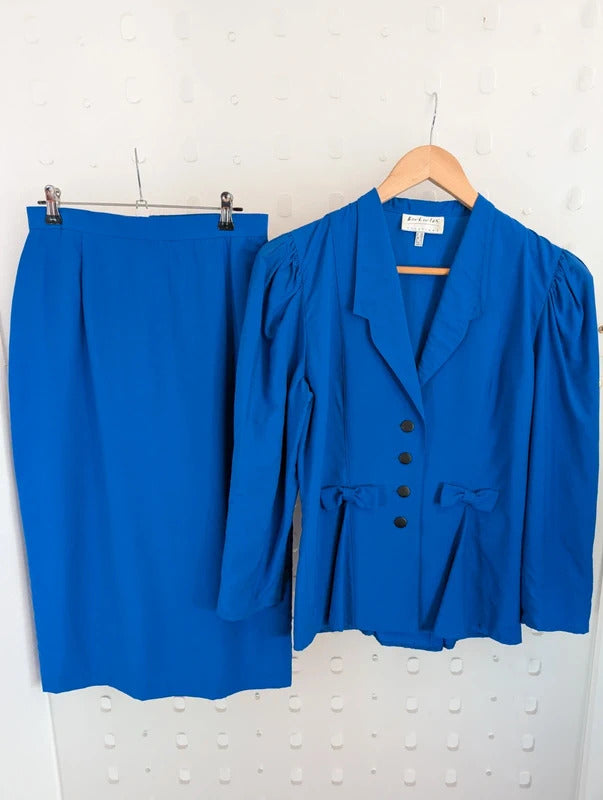 Vintage 80s Berkertex Occasions Electric Blue Peplum Skirt Suit UK8/10