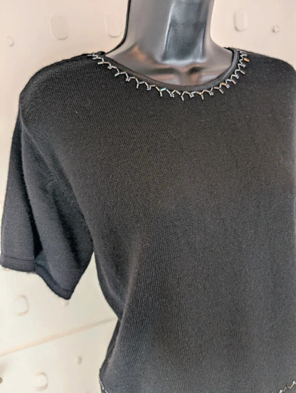 Petite Sophisticate Black Merino Wool Blend Knit Top L