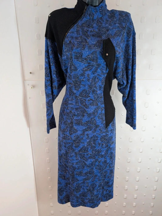 True Vintage 1973 Wool Blend Blue Black Mod Maxi Dress