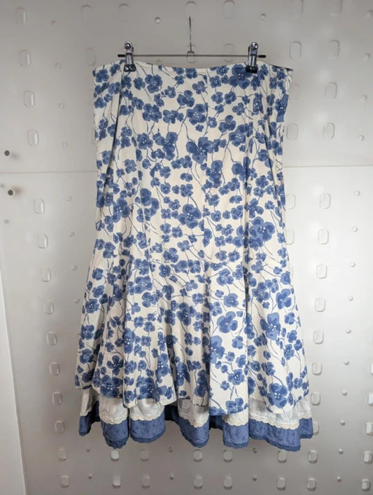 Per Una Floral Cotton Midi Skirt White Blue UK12