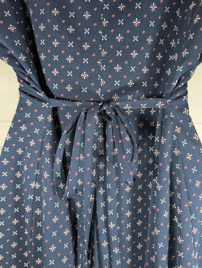 Vintage Berkertex Rose Tea Dress Navy Geometric Print UK14