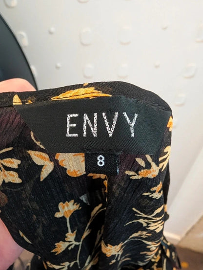 Envy Black & Mustard Floral Tie Neck Blouse UK8