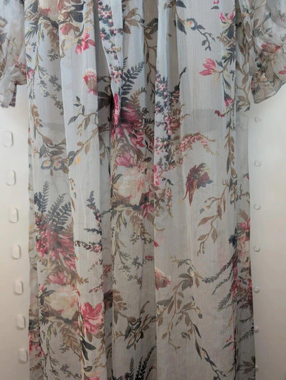 Sheer Floral Co-Ord Set Shirred Crop Top & Wide Leg Trousers Boho XS