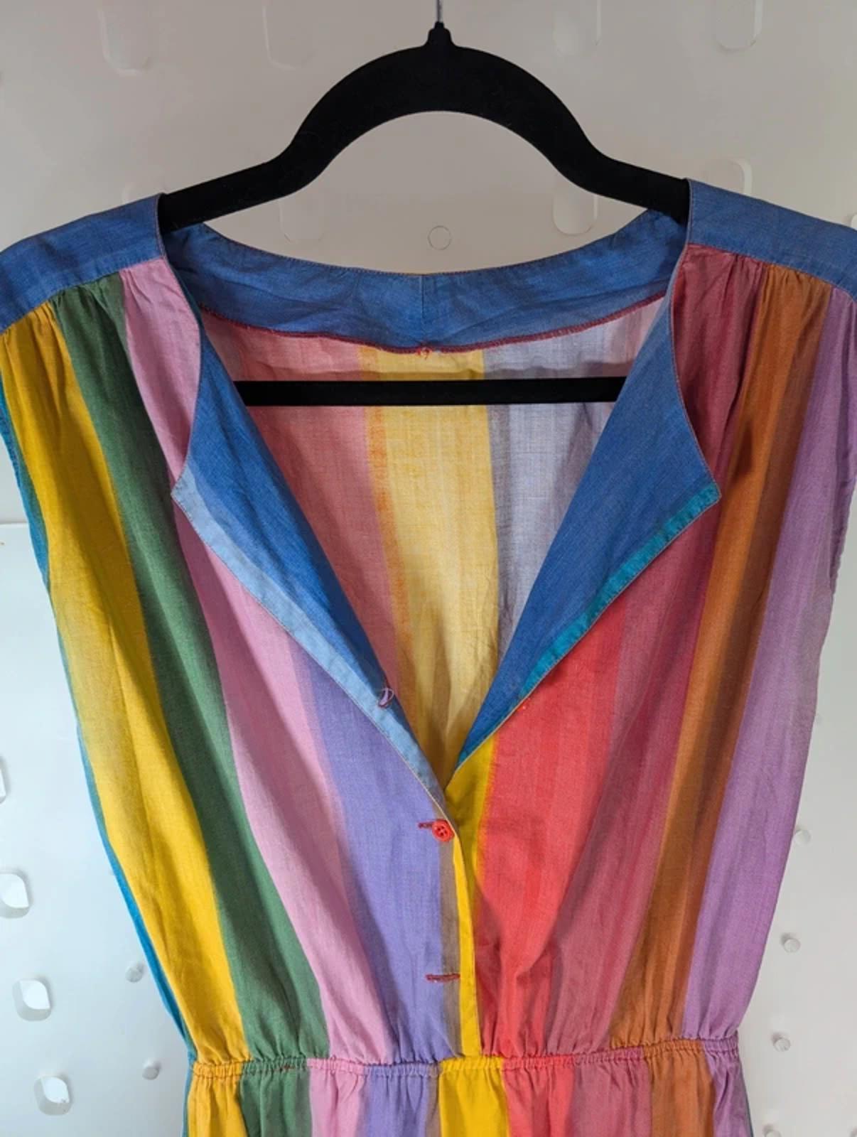 Vintage Rainbow Stripe Cotton Day Dress Button Front Pockets UK10