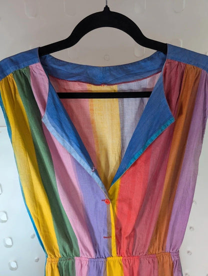Vintage Rainbow Stripe Cotton Day Dress Button Front Pockets UK10