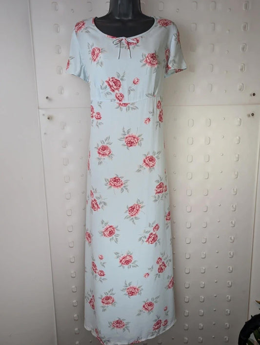 Laura Ashley Rose Print Maxi Dress UK 14 Blue Empire Line Cottagecore Romantic