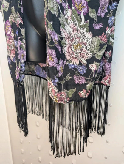 New Look floral tasseled kimono cover up boho festival beachy black pink uk10