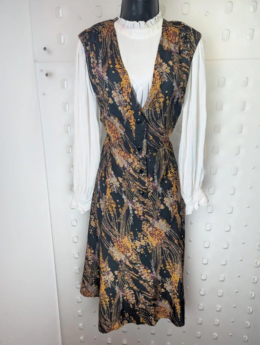 Vintage 90s Black Printed Midi Dress – Button Front – Cottagecore Layering