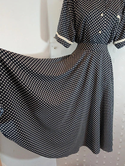Vintage 1970s Aquascutum Navy Polka Dot Blouse & Skirt Set Made in France