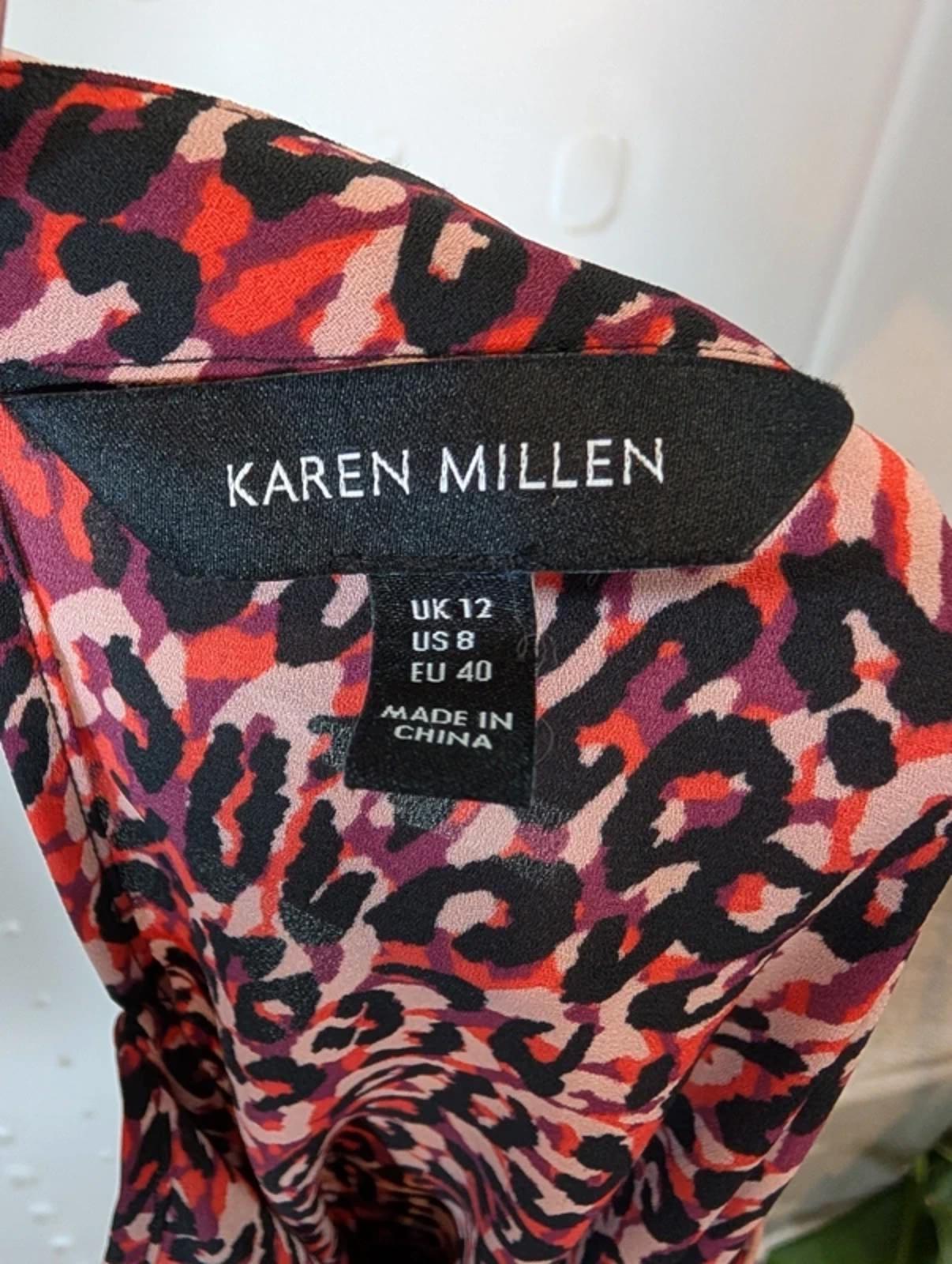 Karen Millen Leopard Print Blouse UK12 Pink Purple Ruffle Sleeve High Neck