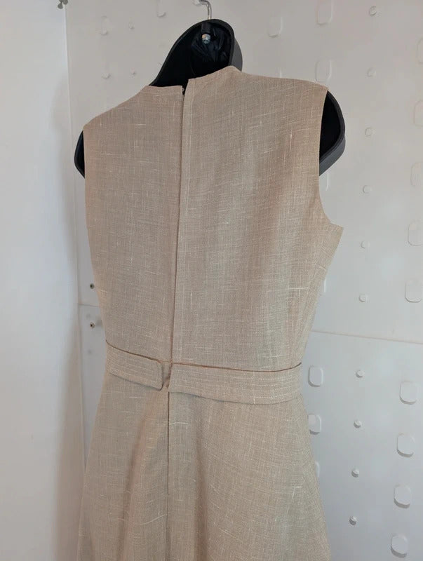 Vintage Handmade Beige Dress Geometric Trim Approx UK10 / 12