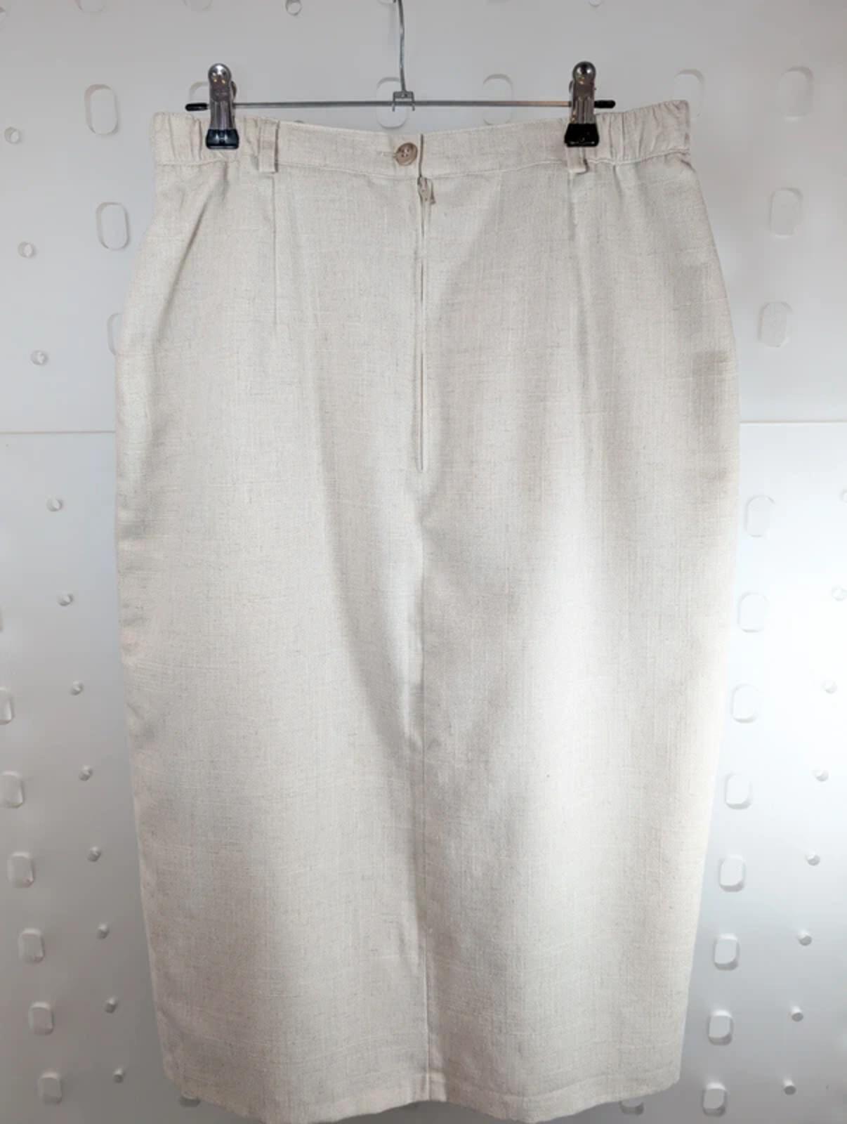 Vintage Berkertex Linen Blend Midi Pencil Skirt Cream Beige UK14