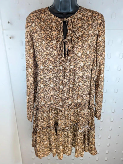 Urban Revivo brown floral boho dress XS UK6 floaty romantic viscose