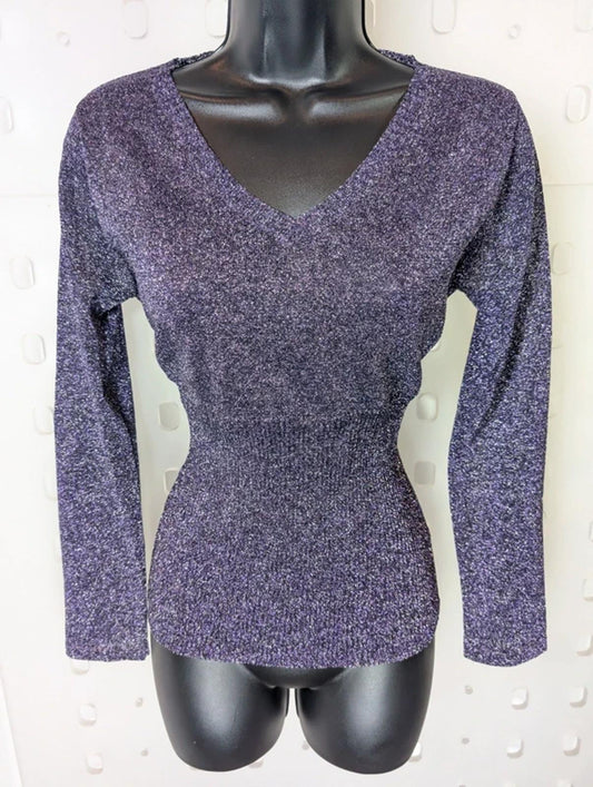 Vintage Miss Selfridge Lurex Knit Top – Ribbed Waist – UK 8 – 90s Glam