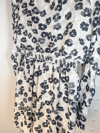 Ted Baker Black Floral Midi Dress Size 3 Shirred Waist Long Sleeve