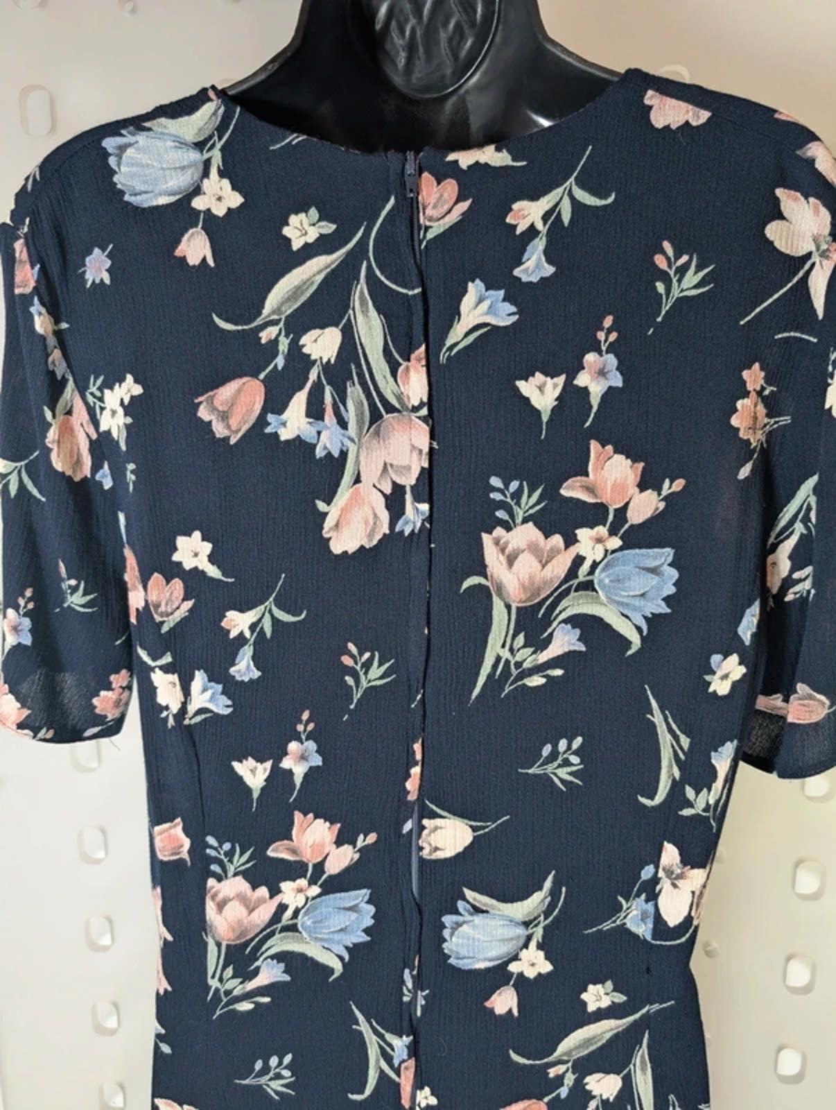 Vintage 90s C&A Navy Tulip Print Maxi Dress UK 12 14 Viscose Floral