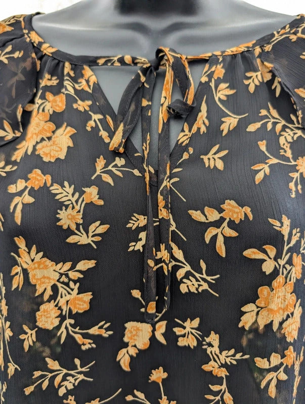 Envy Black & Mustard Floral Tie Neck Blouse UK8