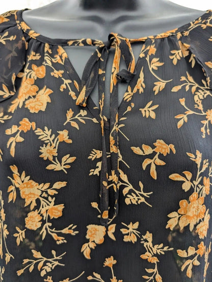 Envy Black & Mustard Floral Tie Neck Blouse UK8