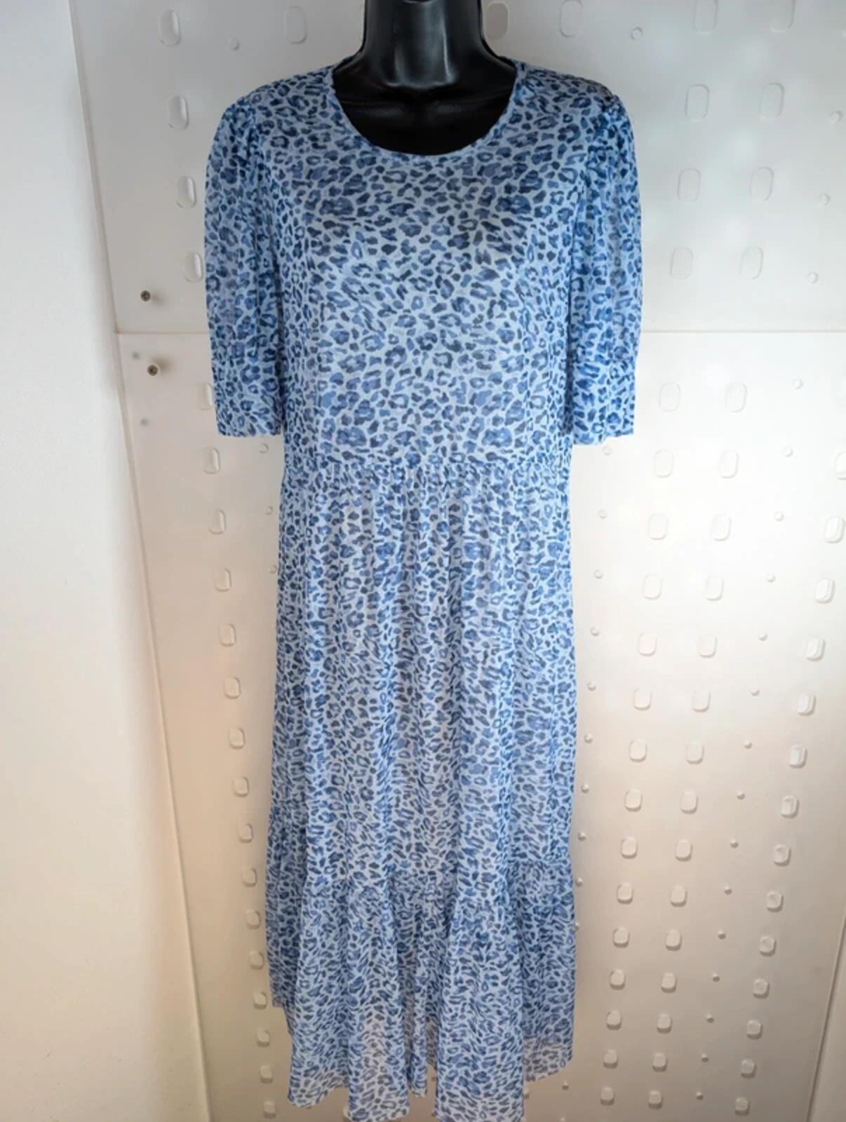 Baum und Pferdgarten Blue Leopard Mesh Midi Dress UK10–12 Puff Sleeve
