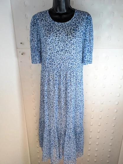 Baum und Pferdgarten Blue Leopard Mesh Midi Dress UK10–12 Puff Sleeve