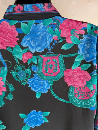 Dae Ho Vintage Floral Equestrian Blouse – Black – Puff Sleeve – UK 10/12