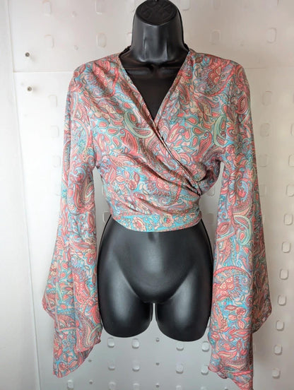 100% Silk Paisley Wrap Top | Coral & Blue | Boho Flared Sleeve