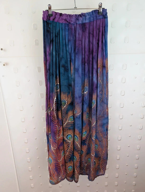 Indian Peacock Print Embellished Rayon Maxi Skirt Free Size