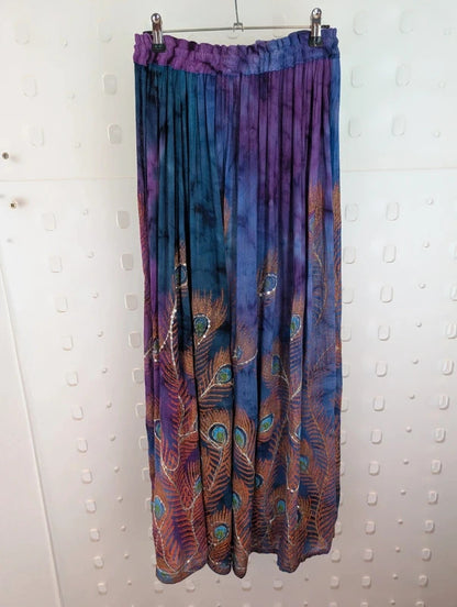 Indian Peacock Print Embellished Rayon Maxi Skirt Free Size
