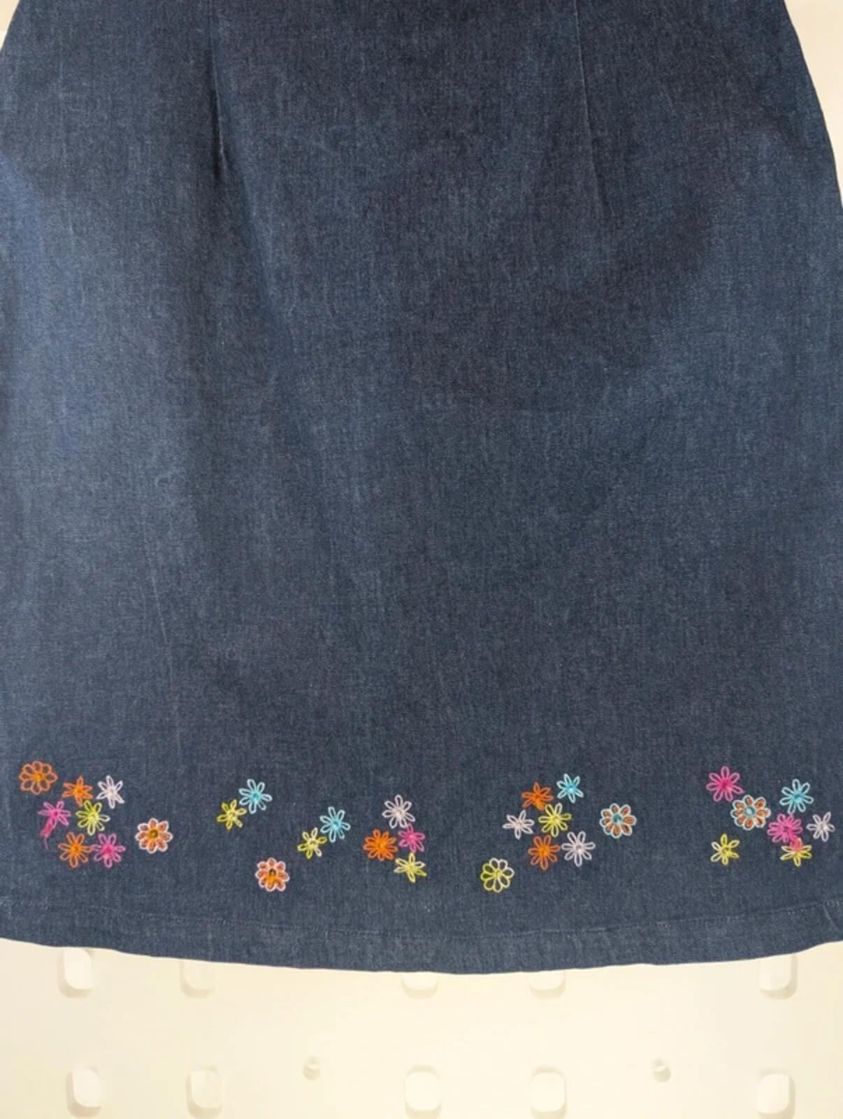 Joie de Vivre Denim Embroidered Pencil Skirt UK 12 Stretch Cotton