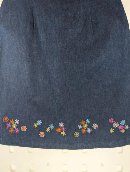 Joie de Vivre Denim Embroidered Pencil Skirt UK 12 Stretch Cotton
