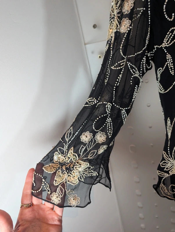 Jacques Vert Black Silk Beaded Embroidered Evening Top UK18