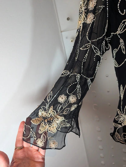 Jacques Vert Black Silk Beaded Embroidered Evening Top UK18