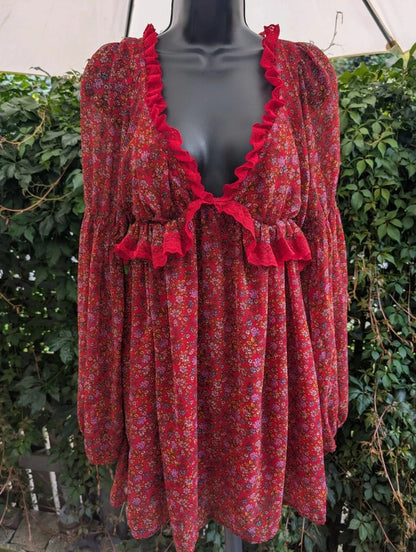 Free People Red Ditsy Floral Lace Mini Dress Small