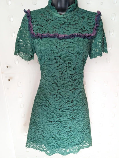 Sandro Paris Green Lace Mini Dress Keyhole Back Fitted