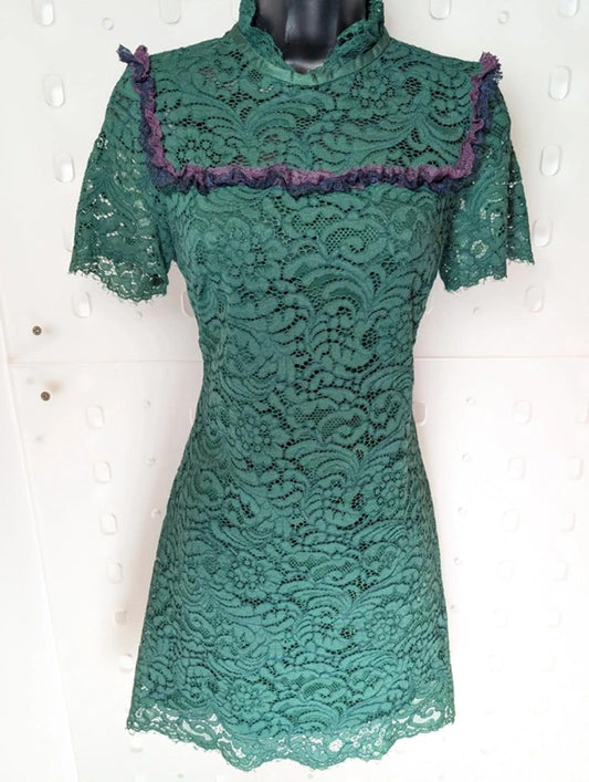 Sandro Paris Green Lace Mini Dress Keyhole Back Fitted