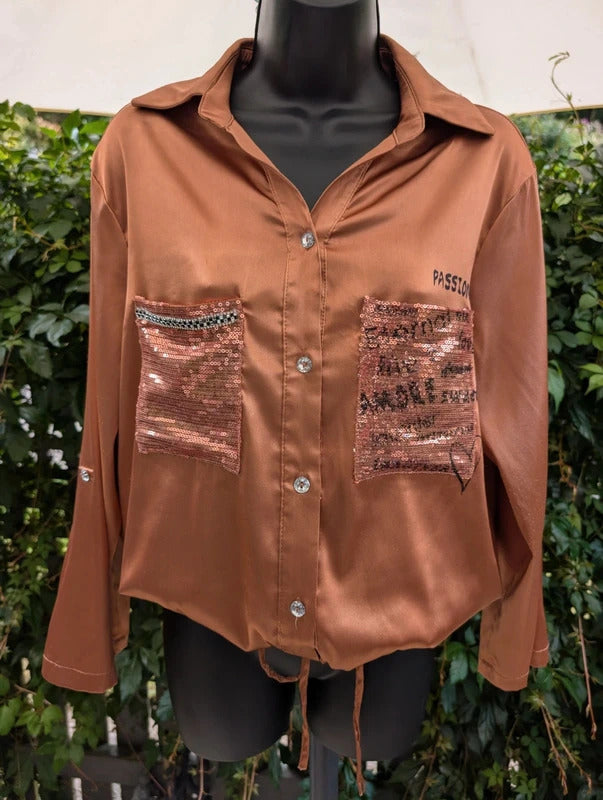 Frank Lyman Montreal Sequin Pocket Blouse Bronze Large