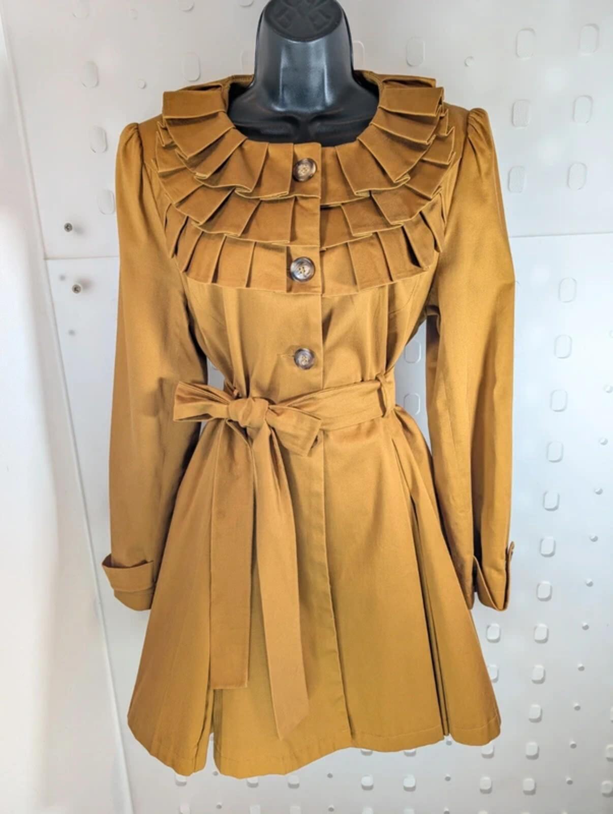 Miss Selfridge UK14 Mustard Fit & Flare Coat Ruffle Collar Academia