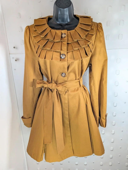Miss Selfridge UK14 Mustard Fit & Flare Coat Ruffle Collar Academia