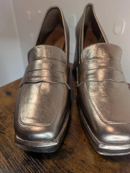 DWRS ‘Pavia’ block-heeled loafers metallic smoke leather EU 39 / UK 6 (fits 6.5)