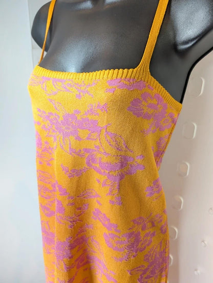 Zara Knit Strappy Midi Dress Pink Orange Stretch Square Neck S