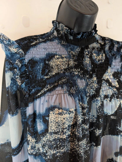 B.Young Navy Abstract Print Sheer Blouse UK8