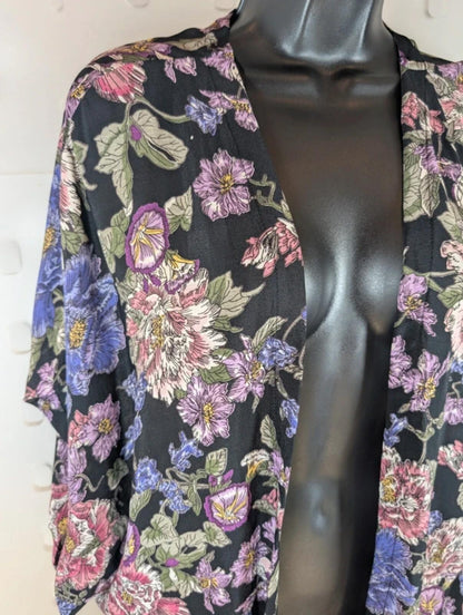 New Look floral tasseled kimono cover up boho festival beachy black pink uk10